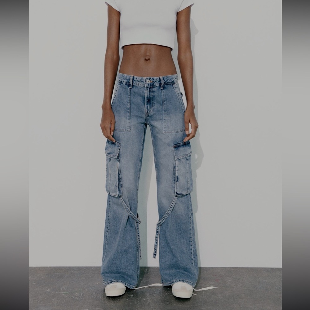 Zara Midrise Cargo Denim Pants Size 8